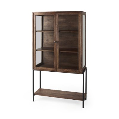 69299 - Arelius 36L x 18.75W x 63H Medium Brown Wood W/ Black Metal Base Display Cabinet