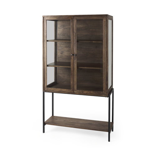 69299 - Arelius 36L x 18.75W x 63H Medium Brown Wood W/ Black Metal Base Display Cabinet