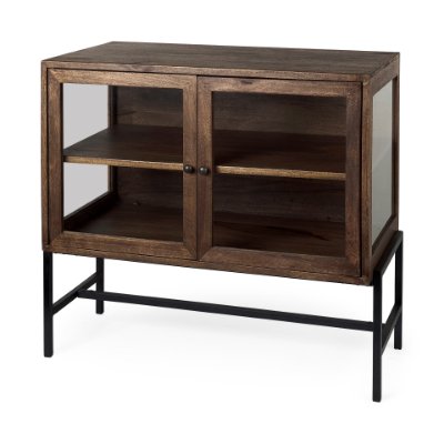 69290 - Arelius 36L x 18W x 32H Medium Brown Wood, Black Metal Base w/ 2 Glass Doors Accent Cabinet