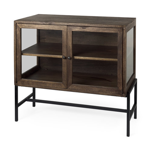 69290 - Arelius 36L x 18W x 32H Medium Brown Wood, Black Metal Base w/ 2 Glass Doors Accent Cabinet