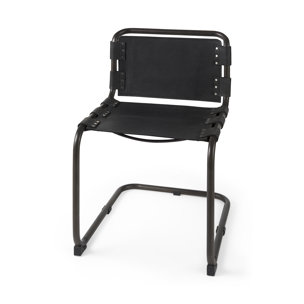 Berbick Open Back Dining Side Chair | Black Leather w/ Iron