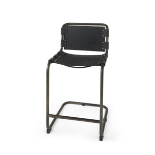 Berbick Backless 38in Seat Counter Stool | Black Leather w/ Gray Metal