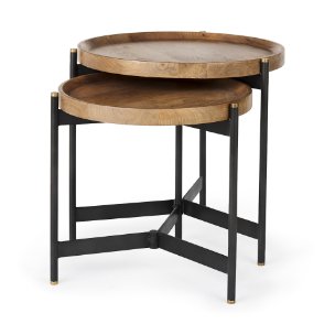 Marquisa (Set of 2) 22.5L x 22.5W x 20.8H Light Brown Wood W/ Black Metal Base Nesting Side Tables