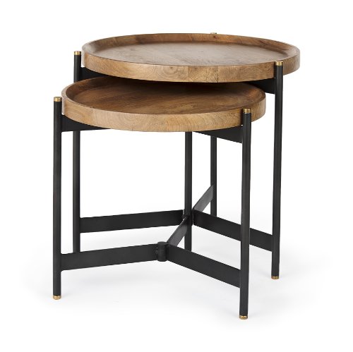 69282 - Marquisa (Set of 2) 22.5L x 22.5W x 20.8H Light Brown Wood W/ Black Metal Base Nesting Side Tables