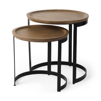 69283 - Aisley (Set of 2) 19.3L x 19.3W x 19H Light Brown Wood W/ Black Metal Base Round Nesting Side Tables