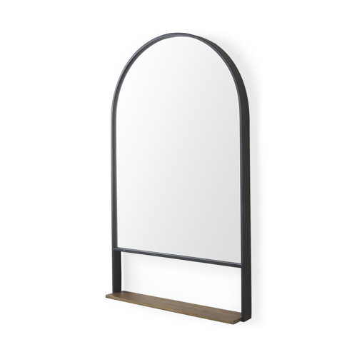 69320 - Cora 24.0L x 3.9W x 40.0H Black Metal Frame W/ Brown Wooden Shelf Arched Wall Mirror