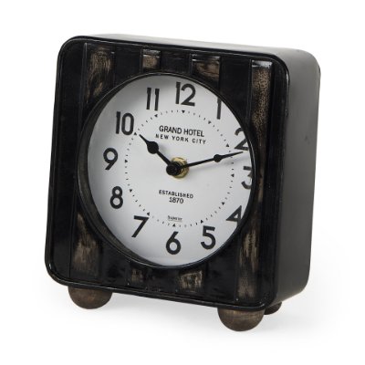 69487 - Karl 6.0L x 3.0W x 6.8H Rustic Black Iron Rounded Square Table Clock