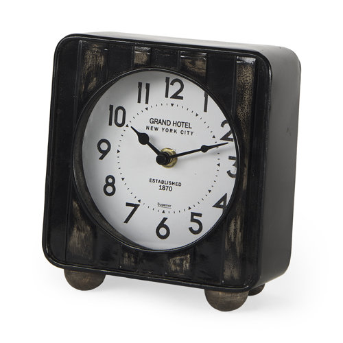 69487 - Karl 6.0L x 3.0W x 6.8H Rustic Black Iron Rounded Square Table Clock