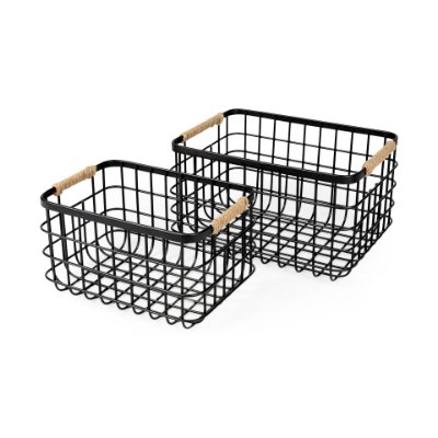 69528 - Marius (Set of 2) Matte Black Metal W/ Rope Trim Rectangular Baskets