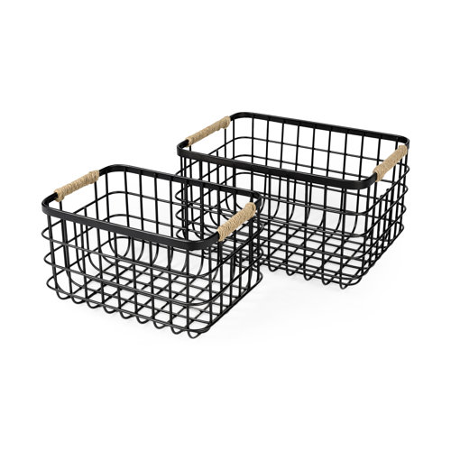 69528 - Marius (Set of 2) Matte Black Metal W/ Rope Trim Rectangular Baskets