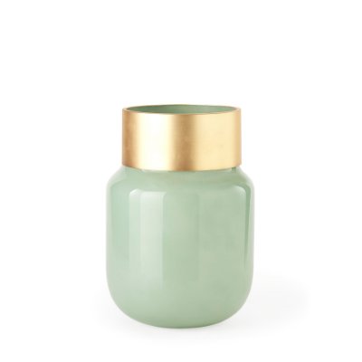 69552 - Minty Medium 8.7L x 8.7W x 12.4H Green Glass Vase W/Matte Gold Metal Neck Cuff