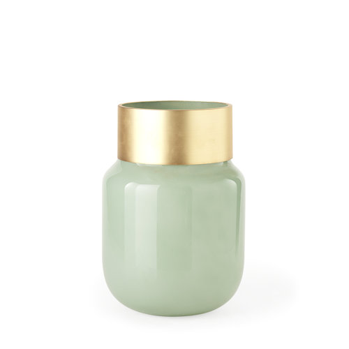 69552 - Minty Medium 8.7L x 8.7W x 12.4H Green Glass Vase W/Matte Gold Metal Neck Cuff