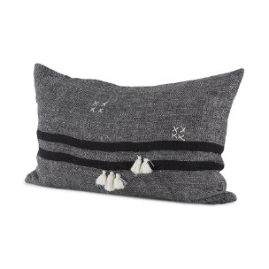 Sibyl 13x21 Black Fabric Striped and White Fringed Pillow Cover