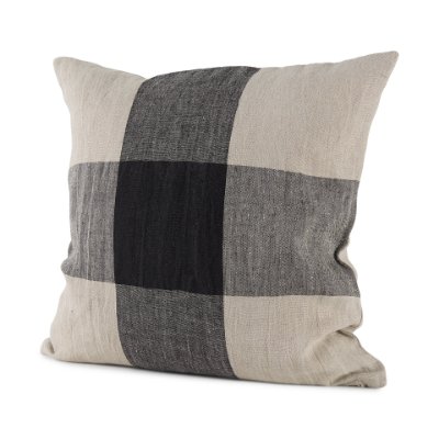 69421 - Raquel 18L x 18W Beige and Black Fabric Plaid Decorative Pillow Cover