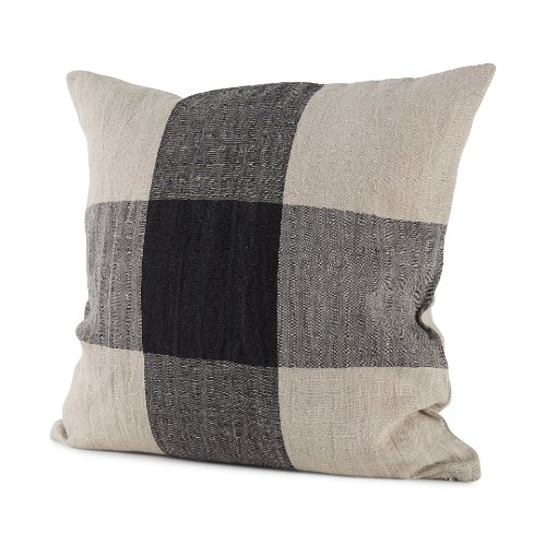 69421 - Raquel 18L x 18W Beige and Black Fabric Plaid Decorative Pillow Cover