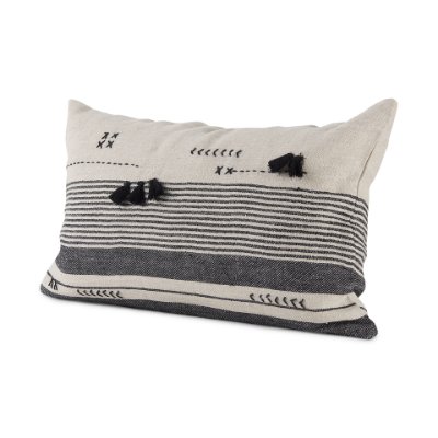 69422 - Thalia 13x21 Black and Beige Fabric Striped w/Fringe Pillow Cover