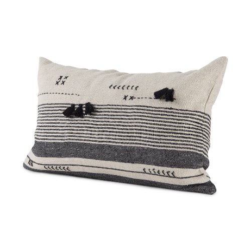 69422 - Thalia 13x21 Black and Beige Fabric Striped w/Fringe Pillow Cover