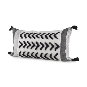 Kimia 14x26 White/Black Fabric Herringbone w/Fringed Pillow Cover 