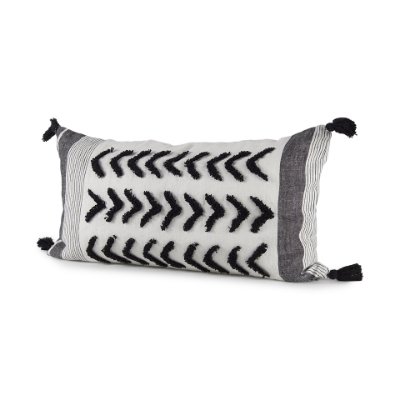 69438 - Kimia 14x26 White/Black Fabric Herringbone w/Fringed Pillow Cover 