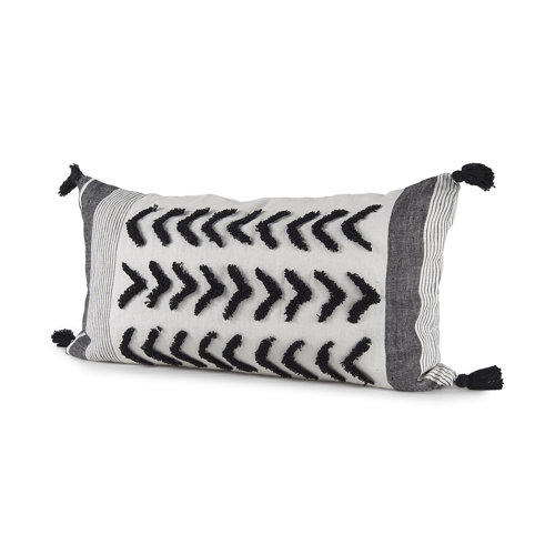 69438 - Kimia 14x26 White/Black Fabric Herringbone w/Fringed Pillow Cover 