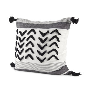 Kimia 20x20 White/Black Fabric Herringbone w/Fringed Pillow Cover