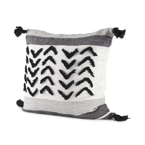 69439 - Kimia 20x20 White/Black Fabric Herringbone w/Fringed Pillow Cover