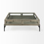 69297 - Arelius 42" Square Glass-Top Gray Wood w/ Black Metal Base Display Coffee Table