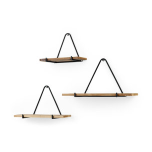 Khufu 18.9L x 5.5W x 10.2H Set of Three Brown Wood W/ Black Metal Triangular Hanging Shelves