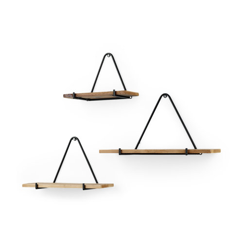 69531 - Khufu 18.9L x 5.5W x 10.2H Set of Three Brown Wood W/ Black Metal Triangular Hanging Shelves