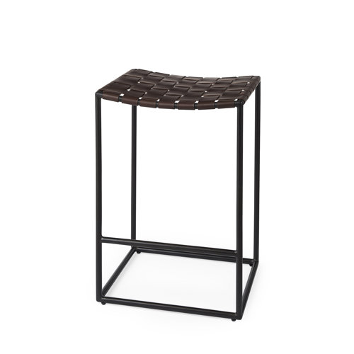 69393 - Clarissa 18.0L x 16.0W x 26.25H Dark Brown Woven Leather Seat W/ Black Iron Frame Counter Stool