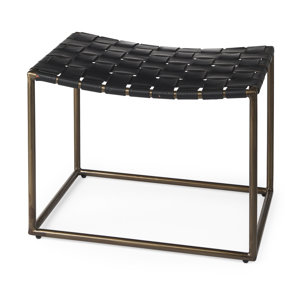 Clarissa 22.0L x 16.0W x 16.75H Black Leather Woven Seat W/ Gold Metal Frame Stool