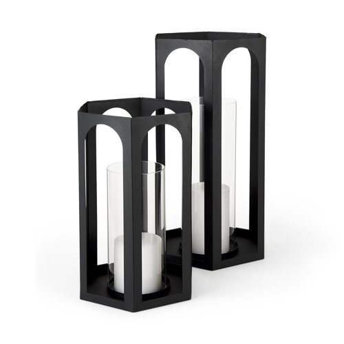 69532 - Balley 9.4L x 9.4W x 19.7H Set of Two Matte Black Metal Hexagonal Candle Holder Lanterns 