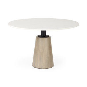 Maxwell 48" Round Pedestal Dining Table | White Marble & Light Brown Wood | Seats 4