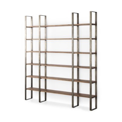 69231-AB - Taunton 80L x 10.5W x 90H Medium Brown Wood W/ Antique Nickel Metal Frame 6 Tier Shelving Unit