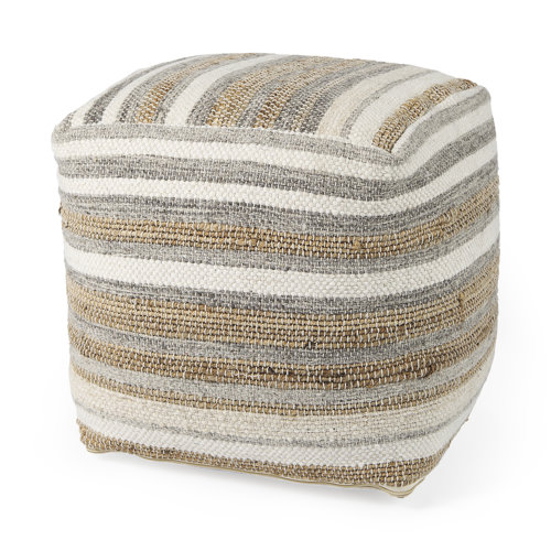 69502 - Aahana 16.0L x 16.0W x 16.0H White/Taupe/Gray Striped Hemp and Cotton Pouf