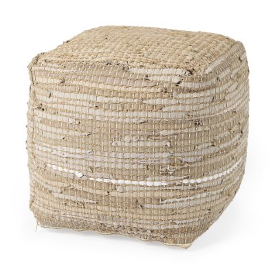 69503 - Aalia 16.0L x 16.0W x 16.0H Beige Leather and Jute Pouf