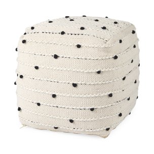 Amaira 16.0L x 16.0W x 16.0H Cream/Black/White patterned Wool and Cotton Pouf
