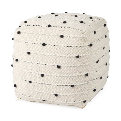 69506 - Amaira 16.0L x 16.0W x 16.0H Cream/Black/White patterned Wool and Cotton Pouf