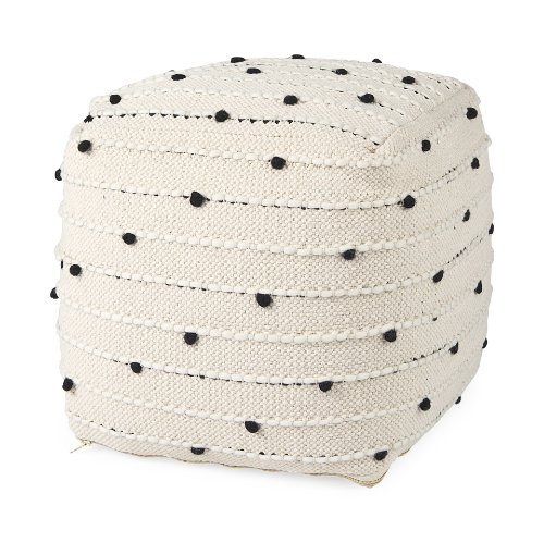 69506 - Amaira 16.0L x 16.0W x 16.0H Cream/Black/White patterned Wool and Cotton Pouf