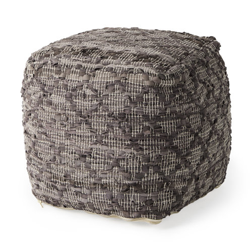 69521 - Falguni 16.0L x 16.0W x 16.0H Gray Leather and Cotton Patterned Pouf
