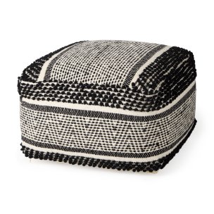 Garima  22.0L x 22.0W x 14.0H Black/White Wool and Cotton Patterned Pouf