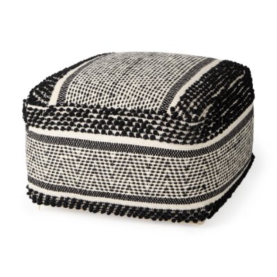 69524 - Garima  22.0L x 22.0W x 14.0H Black/White Wool and Cotton Patterned Pouf