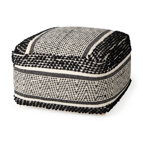 69524 - Garima  22.0L x 22.0W x 14.0H Black/White Wool and Cotton Patterned Pouf