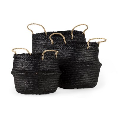 69581 - Ella (Set of 3) Black Seagrass Basket W/ Light Brown Handles 