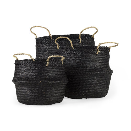 69581 - Ella (Set of 3) Black Seagrass Basket W/ Light Brown Handles 