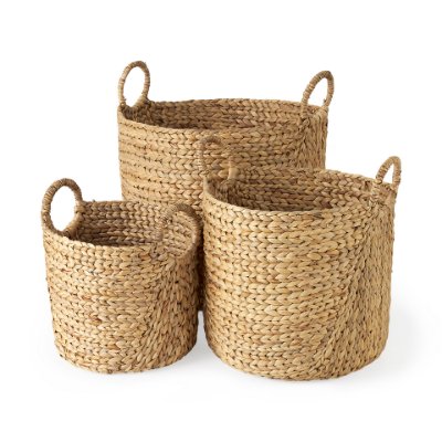 69582 - Sivan 19.7L x 19.7W x 23.6H (Set of 3) Light Brown Water Hyacinth Round Basket W/ Handles