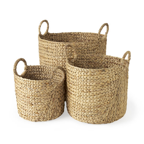 69582 - Sivan 19.7L x 19.7W x 23.6H (Set of 3) Light Brown Water Hyacinth Round Basket W/ Handles