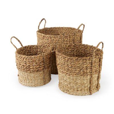 69584 - Morocco (Set of 3) Brown Two Tone Water Hyacinth and Cornhusk Round Basket W/ Handles 