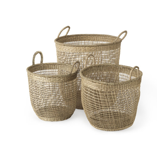 69586 - Bowie 19.7L x 19.7W x 19.7H (Set of 3) Medium Brown Seagrass Round Basket W/ Handles 