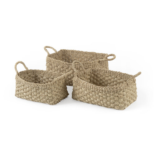 69588 - Emra (Set of 3) Light Brown Seagrass Rectangular Basket W/ Handles
